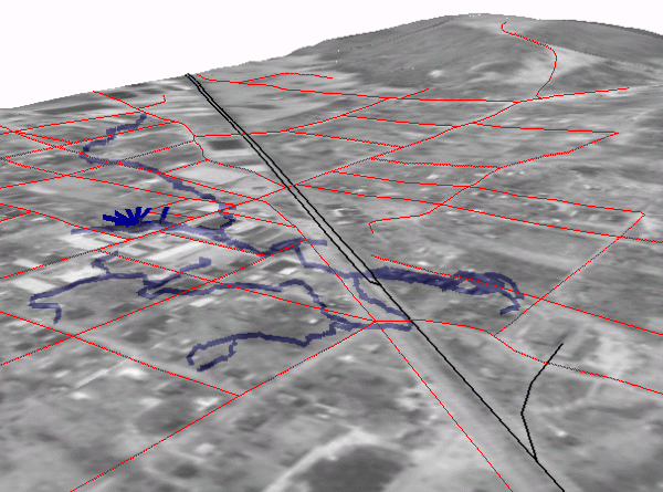 The 3D scene after draping the features on the TIN surface, setting layer transparency, and highlighting the cave passages