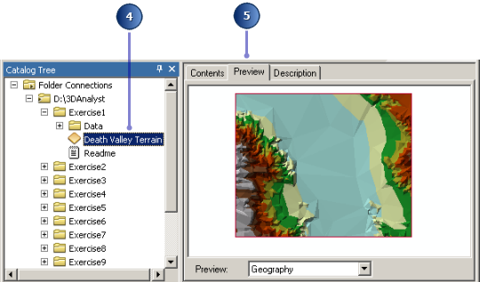 Click the Death Valley Terrain layer in the Catalog Tree. Get a sample view of the data using the Preview tab