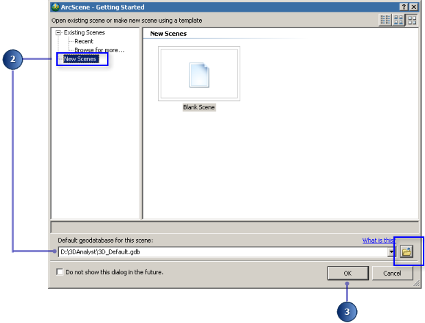 Start a new scene document and set the default geodatabase path for the 3D Analyst tutorial exercises