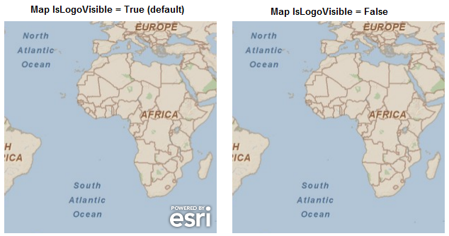 Comparison of two Map Controls showing the IsLogoVisble being true and false.