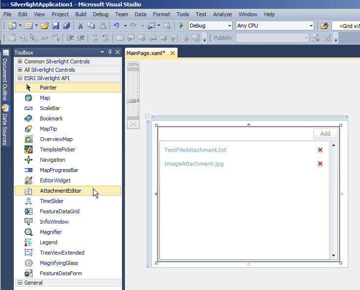 Example of the AttachmentEditor Control on the XAML design surface of a Silverlight application.