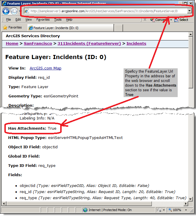 Using the FeatureLayer.Url Property to see if 'Has Attachments' is True.