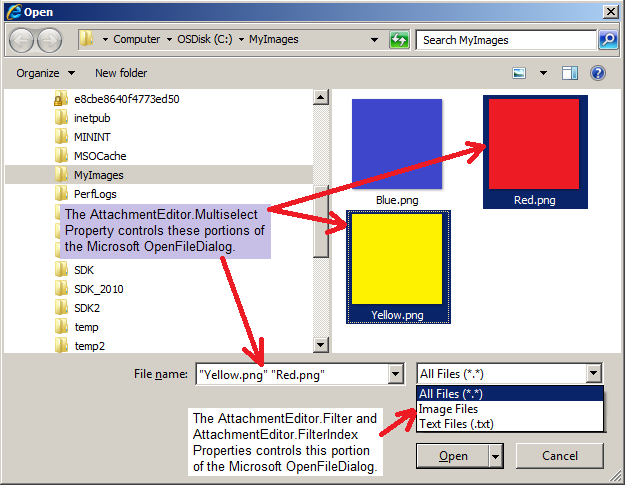 Demonstrating what areas of the Microsoft OpenFileDialog is controlled by the AttachmentEditor’s Filter, FilterIndex, and Multiselect Properties.