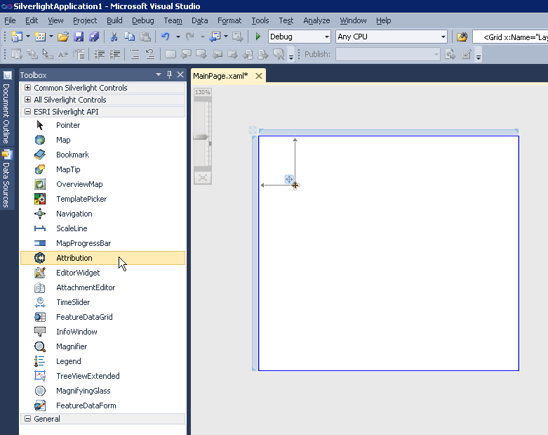 Example of the Attribution Control on the XAML design surface of a Silverlight application.