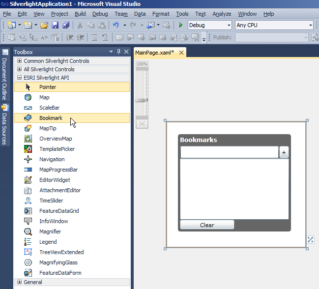 Example of the Bookmark Control on the XAML design surface of a Silverlight application.