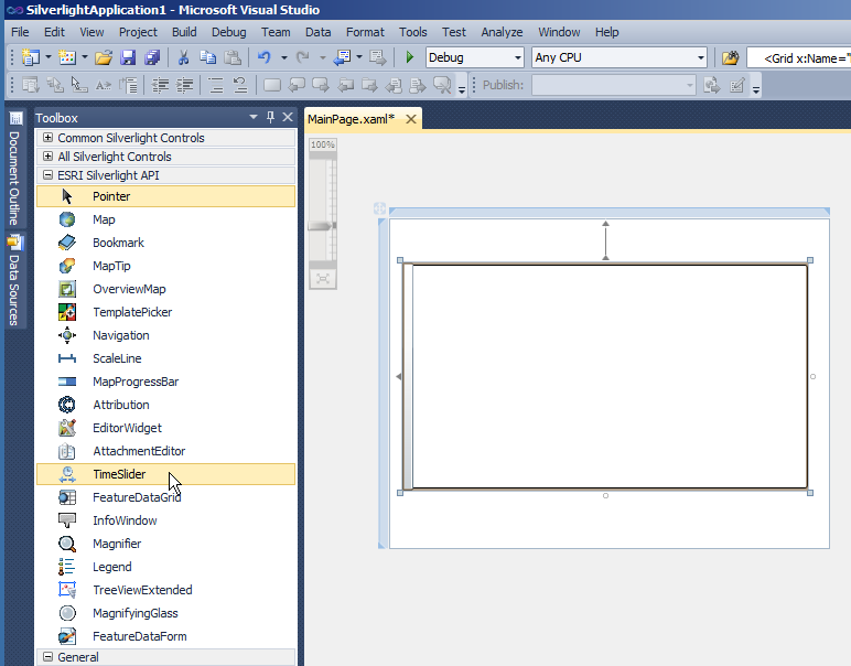Example of the TimeSlider Control on the XAML design surface of a Silverlight application.