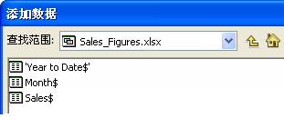 ArcMap“添加数据”对话框中的 Sales_Figure 工作簿内的 Excel 工作表