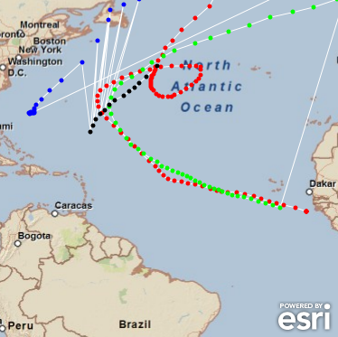 Four hurricanes in the Atlantic Ocean.