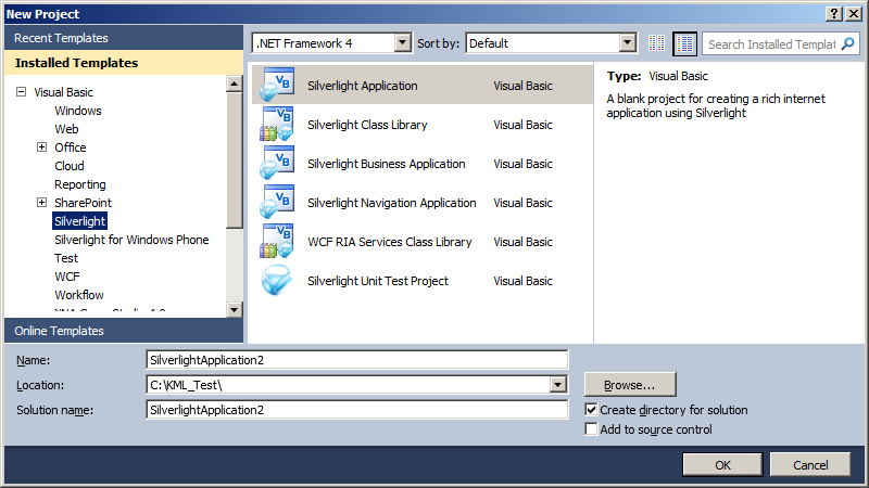 Choosing a Silverlight Application in Visual Studio.