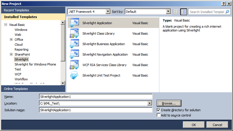 Choosing a Silverlight Application in Visual Studio.