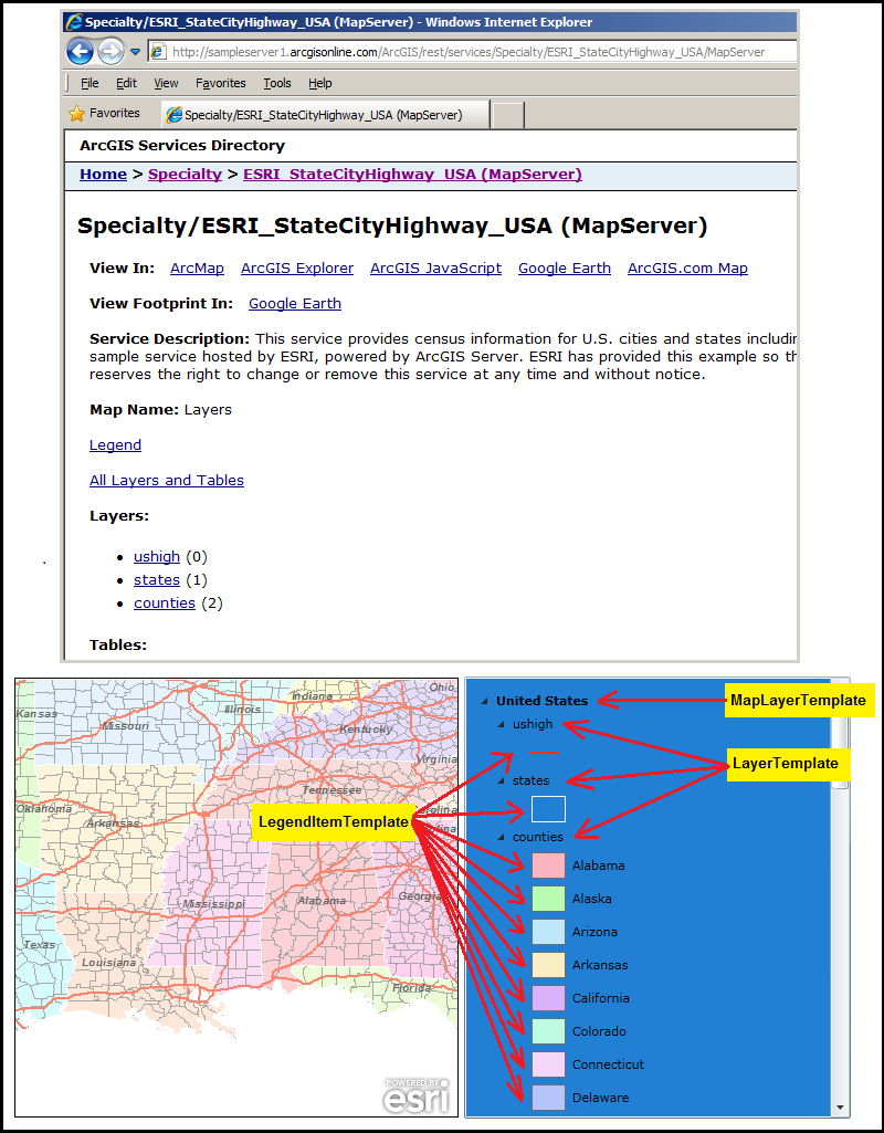 Using the ArcGIS Services Directory to view information about an ArcGISDynamicMapServiceLayer and how that corresponds to what is displayed in the Map and Legend Control. The DataTemplate parts of the Legend Control are specified.