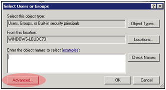 Image of Select Users or Groups dialog box with Advanced button