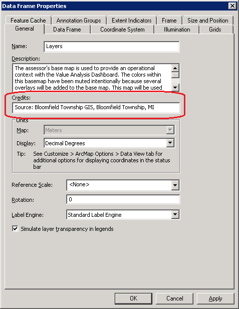 Setting the ArcGISTiledMapServiceLayer.CopyrightText in Credits section of the Data Frame Properties dialog of ArcMap.