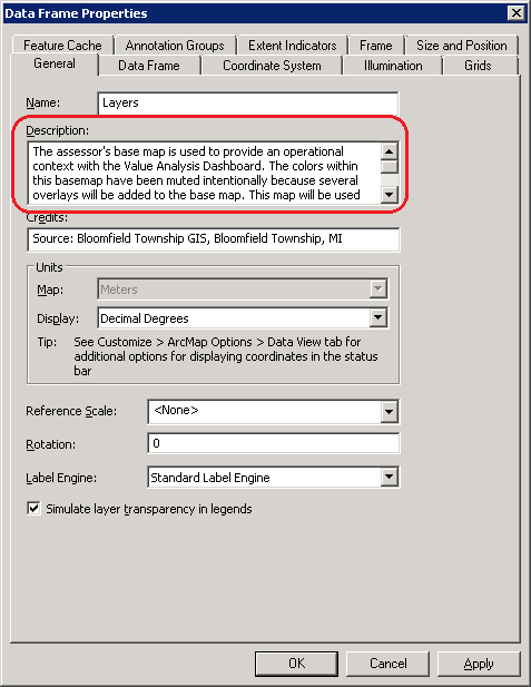 Setting the ArcGISTiledMapServiceLayer.Description in Description section of the Data Frame Properties dialog of ArcMap.