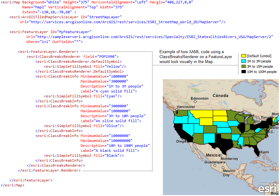 Example of how XAML code using a ClassBreaksRenderer on a FeatureLayer would look visually in the Map.