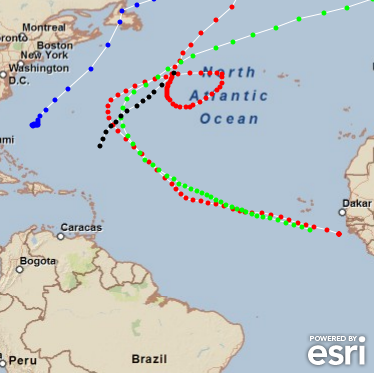 Four hurricanes in the Atlantic Ocean.